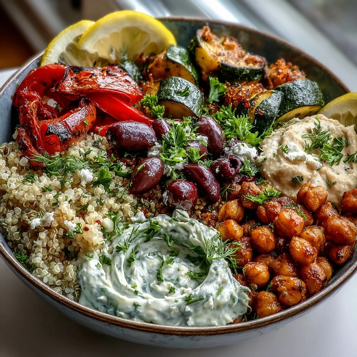 Freshly roasted vegetables, chickpeas, and tangy feta top a warm bowl of fluffy quinoa in this vibrant Mediterranean Buddha Bowl.