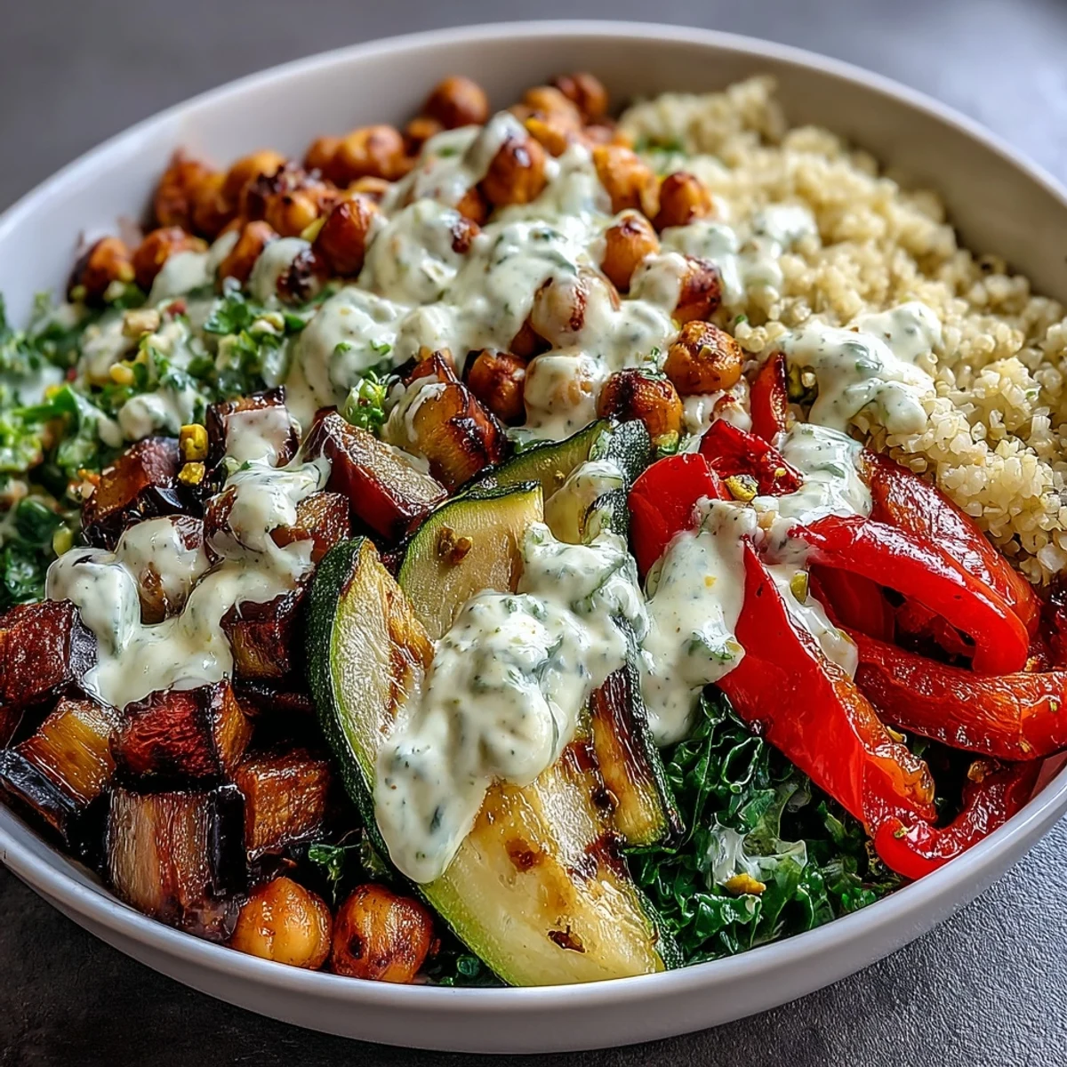 Freshly prepared Mediterranean Buddha Bowl Meal Prep showcases golden roasted eggplant and zucchini with steamed kale over bulgur pilaf.