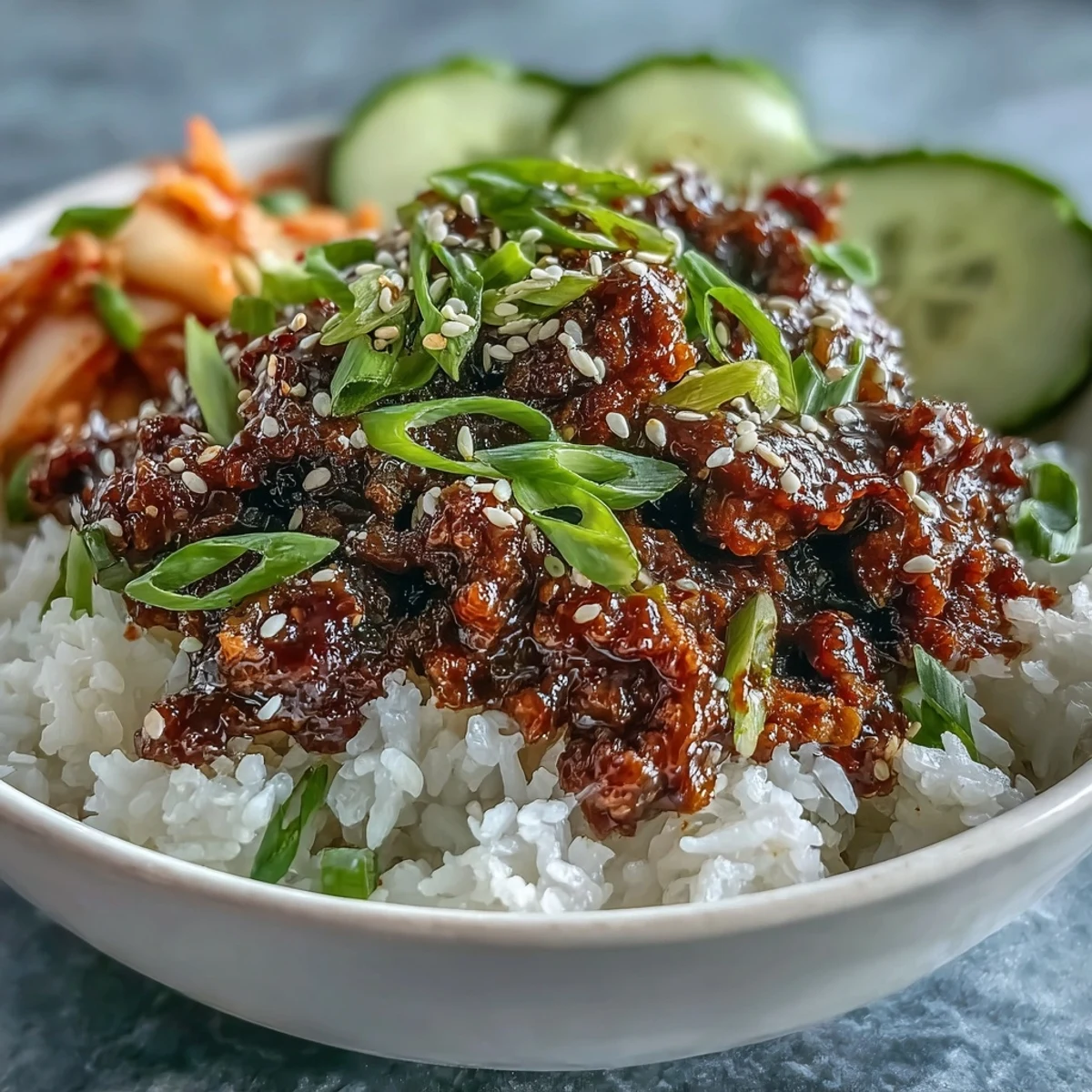 Quick-pickled carrots and daikon add crunch to a spicy Korean Beef Bowl topped with fresh cucumber and radish.