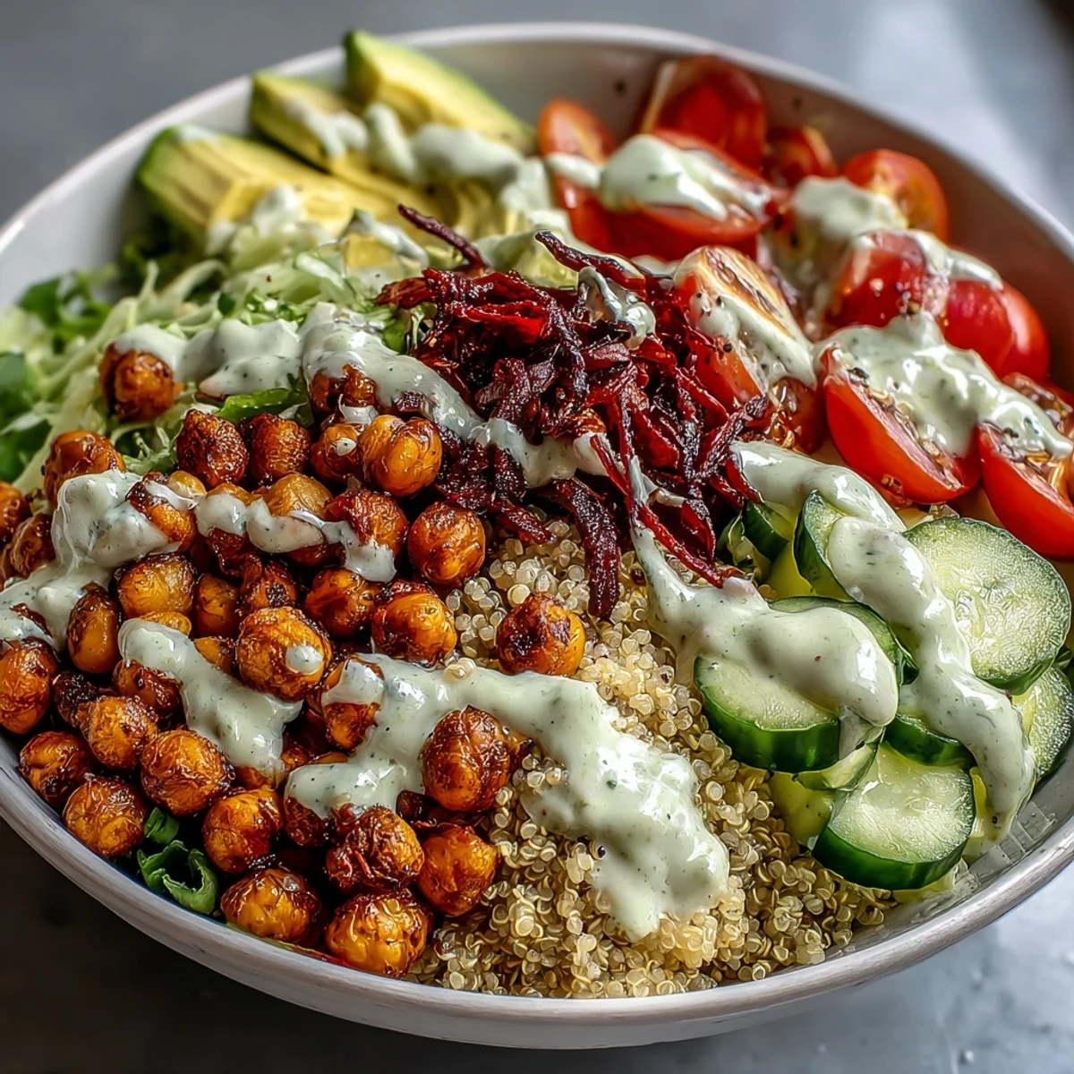Golden roasted sweet potatoes and crispy chickpeas top fluffy quinoa in this vibrant Buddha Bowl, finished with creamy garlic tahini dressing.