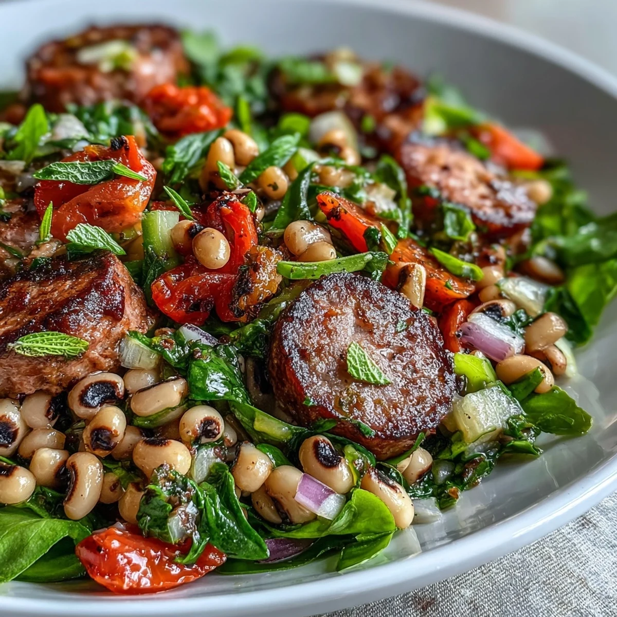 Fresh Hoppin John Style Black-Eyed Pea Salad with turkey sausage, diced tomatoes, and herbs on mixed greens.