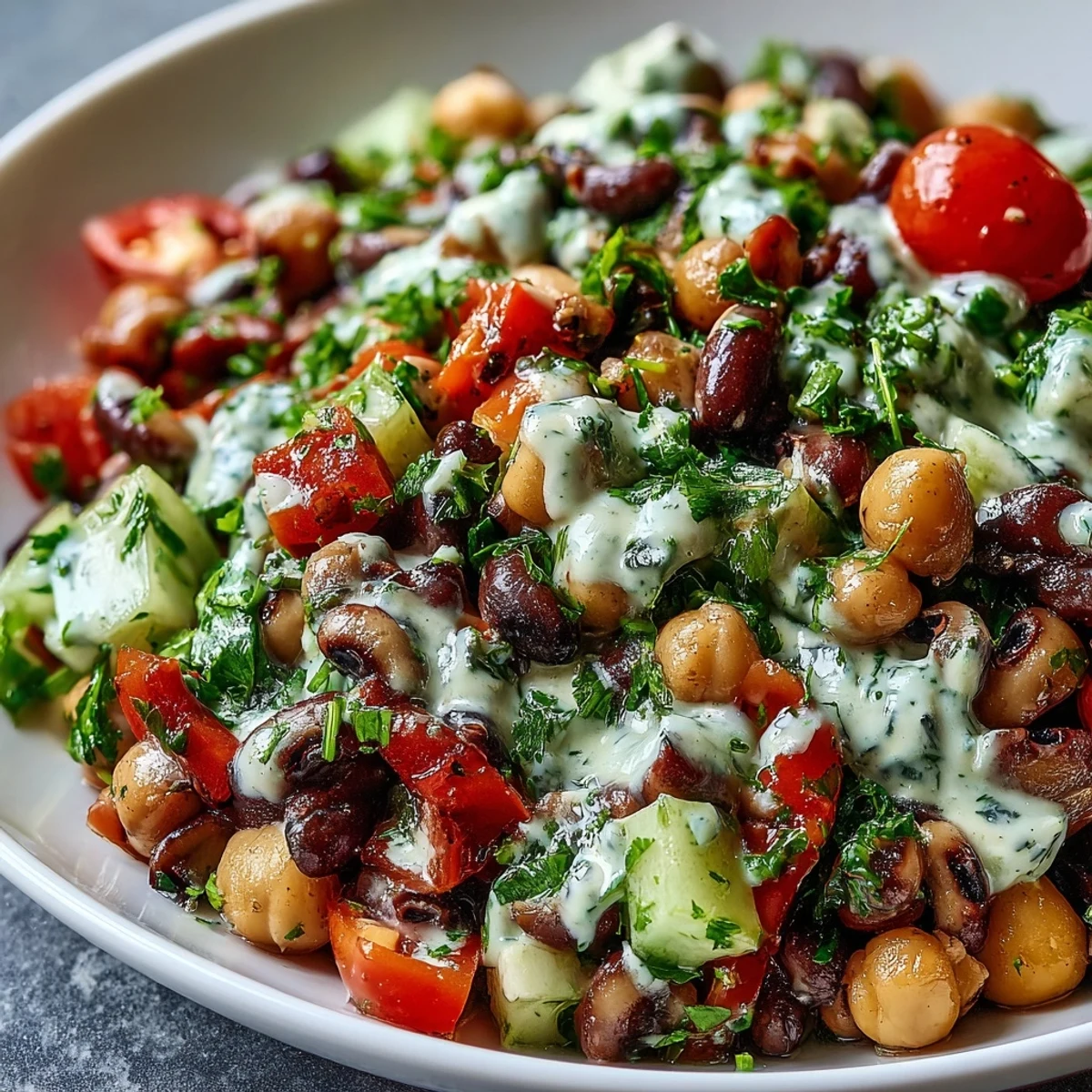 Freshly diced red bell pepper and celery mixed with black-eyed peas, chickpeas, and rice, ready for the New Years Hoppin John Salad.