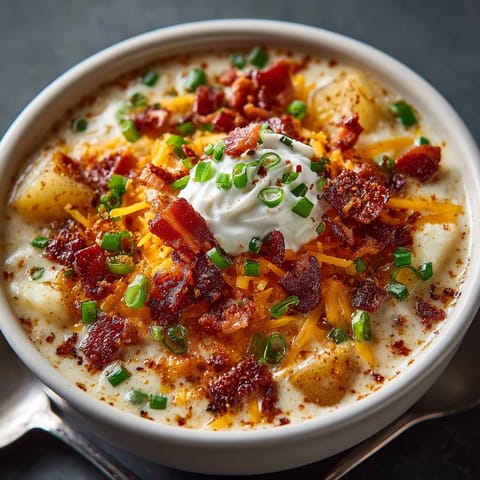 Hot, cheesy Loaded Baked Potato Soup recipe, topped with sour cream and cheddar.