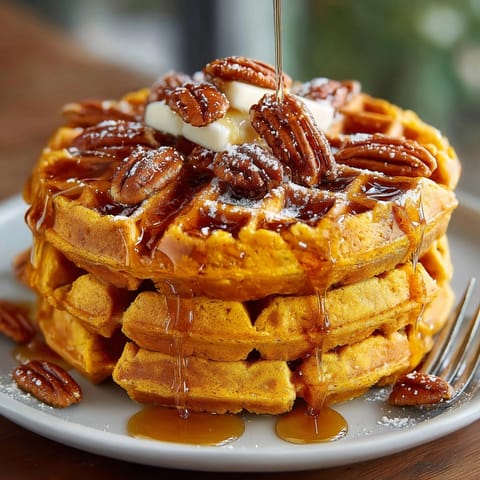 Stack of fluffy Pumpkin Spice Waffles with Pecans, ready for a comforting autumn breakfast.