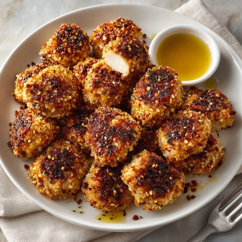 Close-up of crispy Pretzel-Crusted Chicken Bites: a savory, crunchy appetizer for sharing.