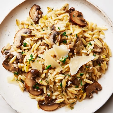 Close-up of Creamy Mushroom Orzo Skillet &ndash; a rich, savory & easy one-pan weeknight meal.