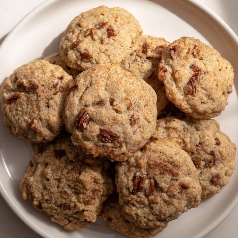 Close-up of warm, chewy Cinnamon Date Pecan Cookies studded with crunchy pecans.