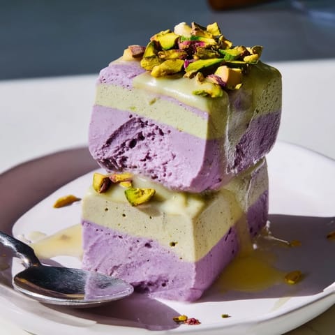 Colorful layers of ube and pistachio ice cream bars drizzled with condensed milk.  