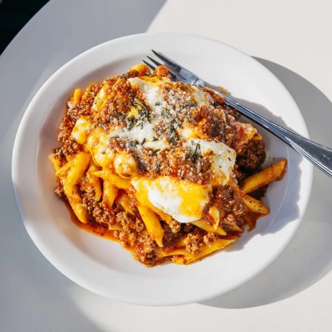 Comforting Cheesy Beef & Penne Bake, perfect for cozy family dinners and gatherings.  