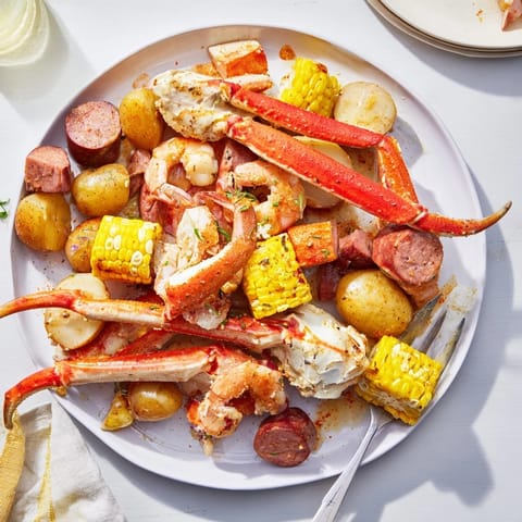 A generously portioned seafood boil with crab legs, shrimp, and sausage piled on a platter.