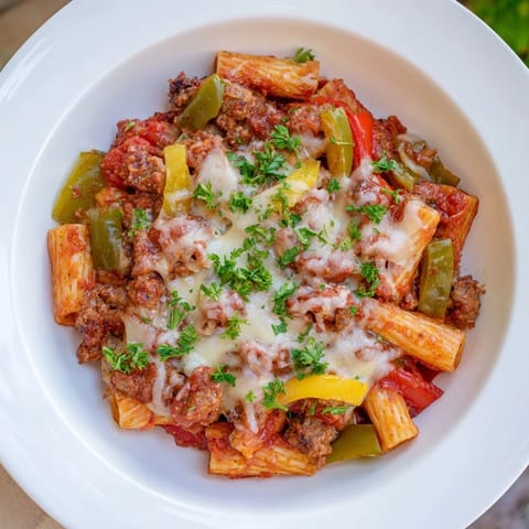 This close-up shows cheesy baked rigatoni with sausage and peppers; the hearty Italian comfort food is delicious.