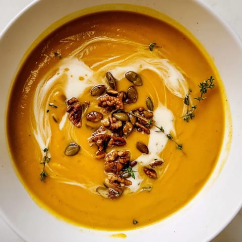 Smooth, vibrant orange Creamy roasted acorn squash soup, drizzled with cream and sprinkled with fresh thyme.
