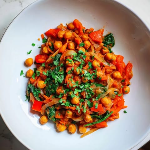 Close-up of a flavorful Vegetarian Chickpea & Spinach Skillet, bursting with color and spices.