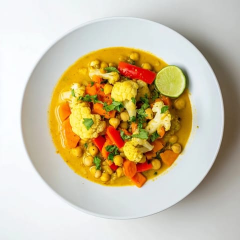 Creamy and aromatic, this Curried Cauliflower and Chickpea Stew simmers with tender veggies and warm spices.