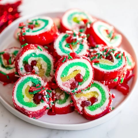 Sweet and festive Easy Christmas Fruit Rollup Sushi, showing cut rolls ready for serving at a party.