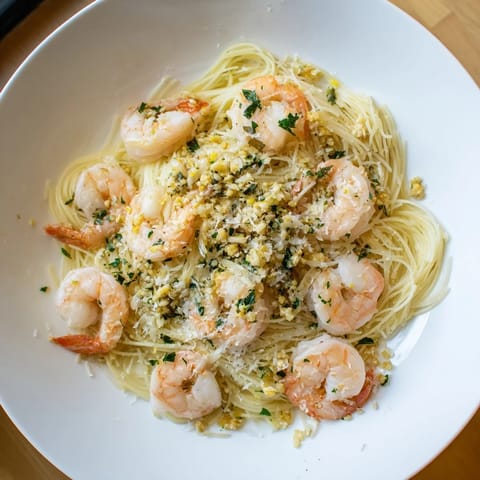 This image shows a beautifully plated One-Skillet Lemon Garlic Shrimp Angel Hair Pasta, ready to savor.
