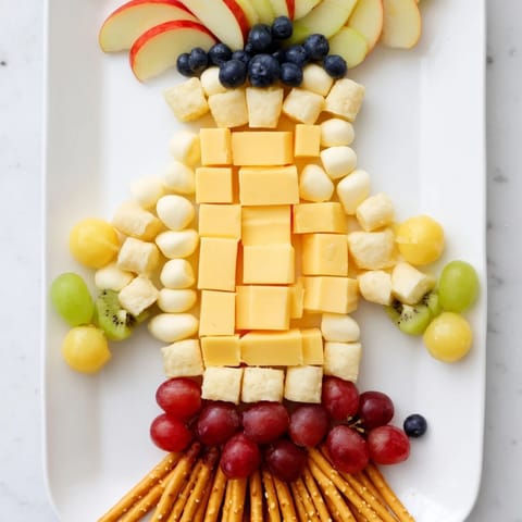 A fun-filledSpaceship Launch Snack Board complete with cheese rockets, fruit windows, and veggie flames.
