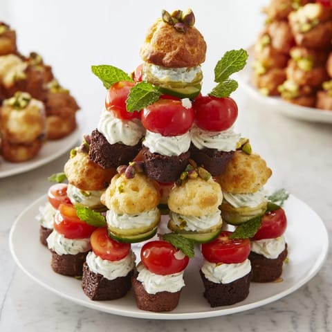 A beautifully presented Tour dÉléphant Goûter Gourmand snack tower, featuring layered sweet and savory treats.