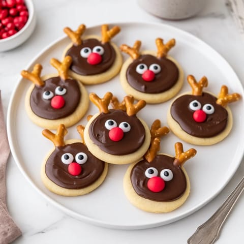 Warm, freshly-baked Santa's Reindeer cookies ready for the holidays with brown icing and pretzel antlers.