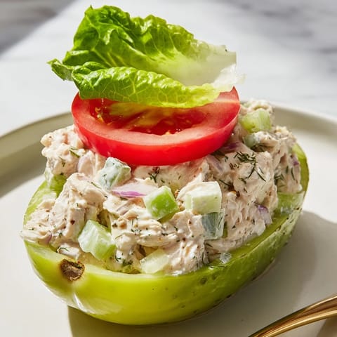 A fresh pickle sandwich shows creamy chicken salad overflowing from hollowed-out pickles.