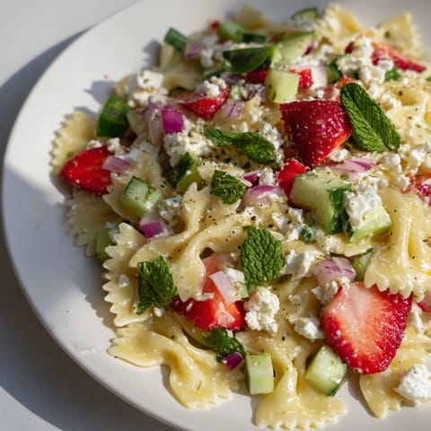 This chilled Strawberry Feta Pasta features fresh strawberries and a tangy yogurt dressing.