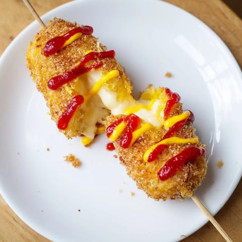 These savory Cheesy Korean Corn Dogs show off a perfect crust, ready to be dipped and enjoyed.