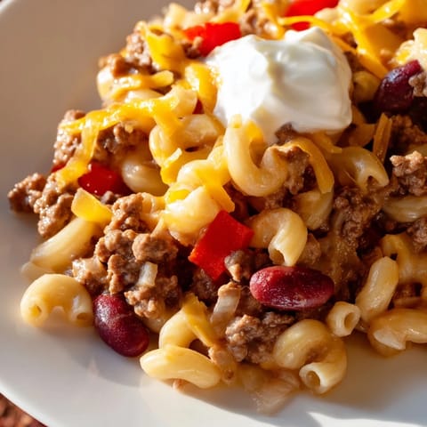 Delicious one-pot chili mac, a hearty and flavorful American classic with tender pasta.