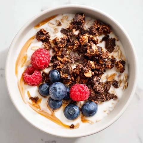 Energizing Overnight Oats Gourmet Makeover dish: espresso-infused oats with crunchy granola and fresh fruit.