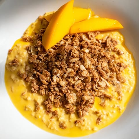 Smooth and sweet mango blended overnight oats with a sprinkle of crunchy granola, ready to eat this morning.