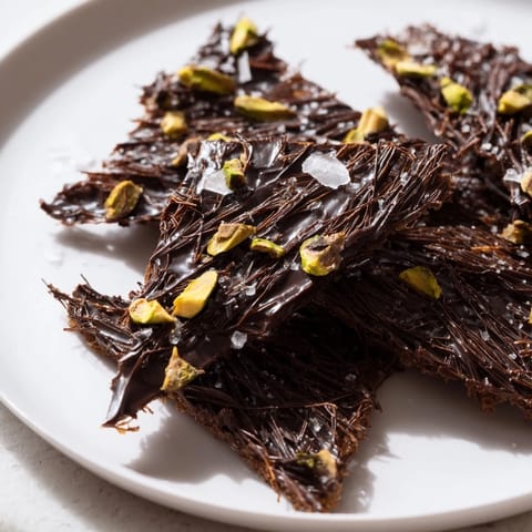 Imagine irresistible Kataifi Chocolate Crunch Bark; dark chocolate studded with toasted kataifi and nuts.