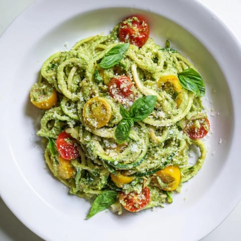 Fresh basil garnishes a bowl of creamy avocado pesto zoodles, ready for a delicious lunch.