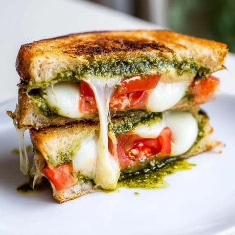 This easy Caprese Pesto Grilled Cheese recipe features creamy mozzarella and fresh basil pesto layered between perfectly toasted sourdough bread.