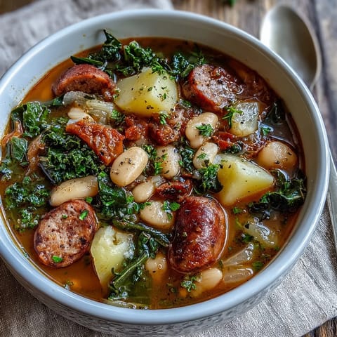 Thick slices of crusty bread are ready for dipping into the steaming Tuscan White Bean Sausage Soup.