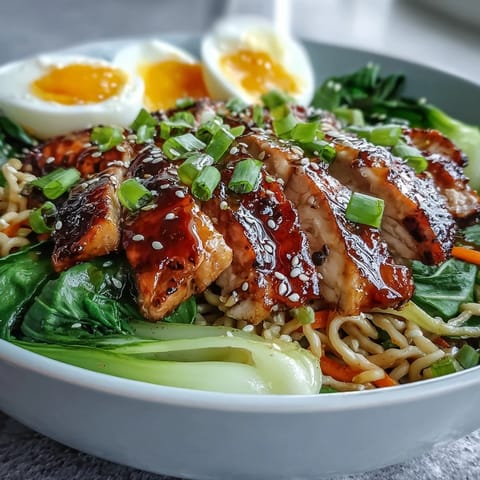A close-up of Healthy Miso Chicken Noodle Bowls topped with soft-boiled eggs, sesame seeds, and fresh scallions.  