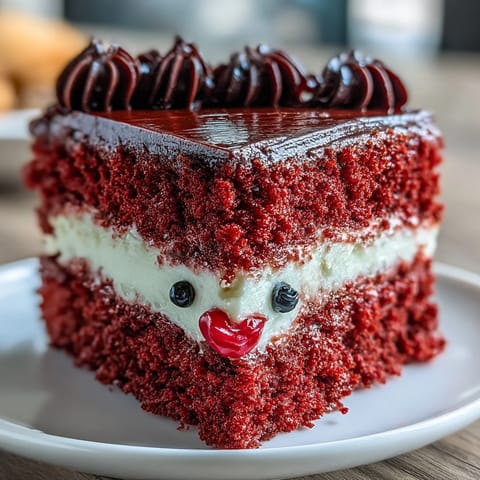 Slice of Betty Boop Cake on a white plate, revealing velvety red layers and rich cream cheese buttercream, ready to serve at a birthday party.
