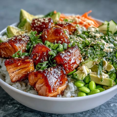 A close-up view of a healthy Baked Salmon Rice Bowl drizzled with sriracha mayo and sprinkled with toasted sesame seeds for flavor.