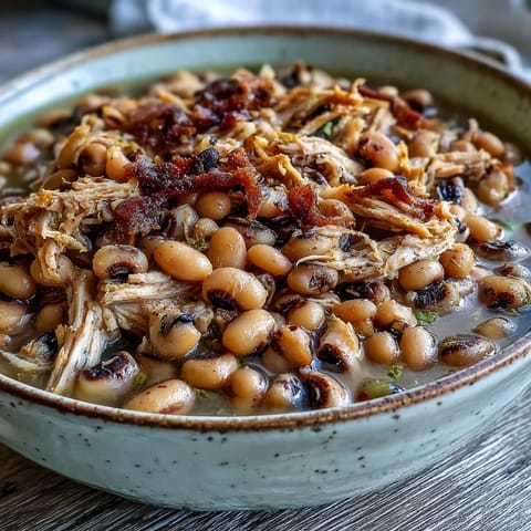 Creamy black-eyed peas with smoked turkey leg are steaming from the slow cooker, garnished with fresh parsley.