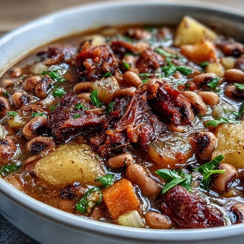 A warm bowl of Black-Eyed Pea Stew garnished with fresh parsley and a side of cornbread.
