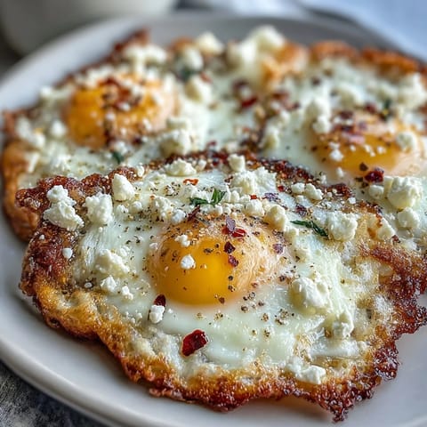 Two golden-edged Crispy Feta Fried Eggs are served hot on toasted bread with fresh parsley.