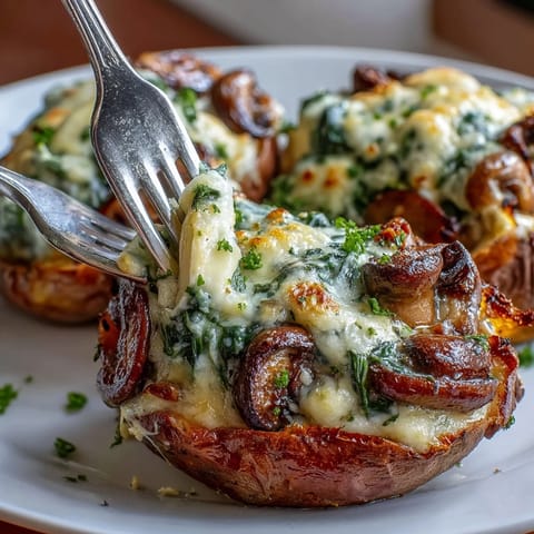 Golden roasted sweet potatoes filled with creamy spinach, mushrooms, and bubbling mozzarella cheese, served hot.