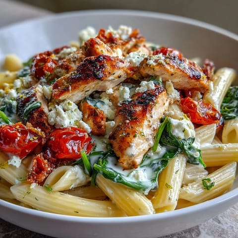 Freshly baked Roasted Garlic & Feta Chicken Pasta topped with crumbled feta cheese, parsley, and halved cherry tomatoes on a ceramic plate.