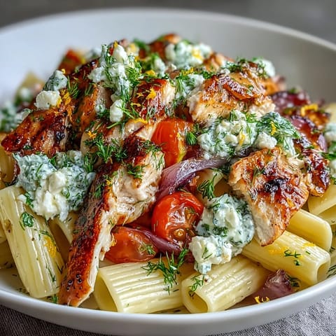 Hearty Roasted Garlic & Feta Chicken Pasta served in a skillet with fresh herbs and lemon zest.