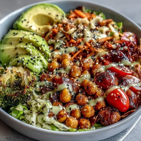 Freshly assembled Rainbow Veggie Buddha Bowl with Sesame Ginger Dressing on a white counter, featuring vibrant cabbage, avocado, and cherry tomatoes.