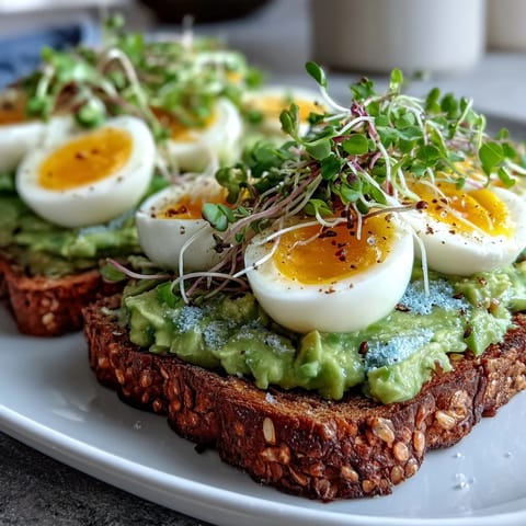 Warm, toasted whole grain bread cradles mashed avocado and a soft-boiled egg, finished with peppery microgreens for a vibrant Clean Eating Avocado Toast recipe.