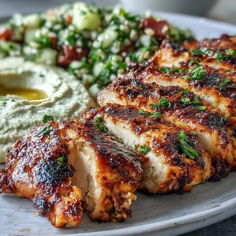 A vibrant serving of Mediterranean Grilled Chicken with Hummus and Tabbouleh, garnished with fresh parsley and lemon.