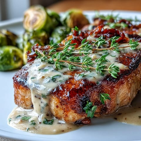 Juicy Keto Creamy Dijon Pork Chops topped with tangy sauce and served with crispy golden Brussels sprouts for dinner.
