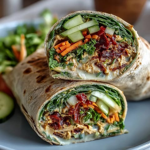 Fresh Vegan Sun-Dried Tomato Hummus Veggie Wraps rolled tightly in parchment, filled with crunchy cucumbers and red onions, perfect for a healthy Mediterranean lunch.