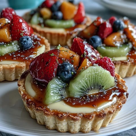 Golden tart shell filled with fragrant cardamom custard and topped with colorful seasonal berries and kiwi slices.  