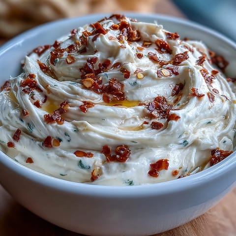 Spicy and rich Calabrian chili cream cheese served on toasted bread with a drizzle of olive oil.  