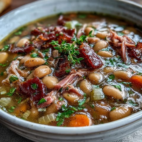 A rustic bowl of Ham and Navy Bean Soup with fresh thyme, showcasing tender beans, savory ham, and aromatic herbs in a rich broth.